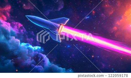 A spaceship with a glowing blue hull is shown blasting off into the night sky. It leaves a long trail of light, pink at the center fading to orange at the edges, behind it 122059178