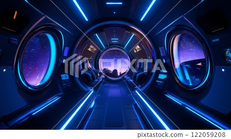 A sleek spacecraft interior features illuminated in neon blue accents and large round windows 122059208