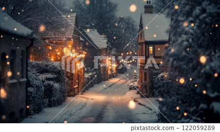 A snow-covered street in a small European town, lined with houses adorned with Christmas lights, gleams under the falling snow. 122059289