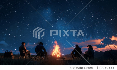 A group of cowboys sits around a roaring campfire, illuminated against a backdrop of stars and mountains. 122059333