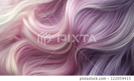 Silky strands of lavender and pastel pink hair cascade in soft waves, catching the light subtly to create an ethereal look, perfect for showcasing new hair trends in a vibrant spring atmosphere. 122059415