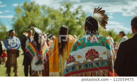 Participants in traditional attire gather for a cultural ceremony, surrounded by nature and vibrant colors, celebrating heritage under a bright blue sky. 122059475
