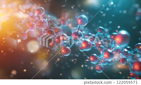 A digital illustration depicting a molecule with a complex structure. The molecule is composed of numerous connected spheres, primarily in red and blue shades 122059571