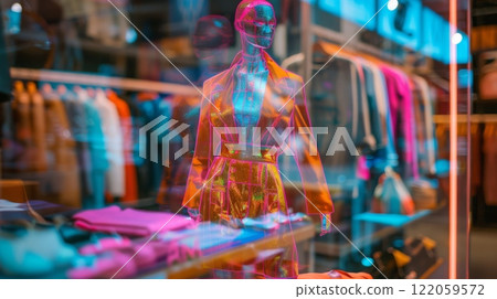 A vibrant mannequin dressed in trendy apparel showcases the latest fashion in a boutiques glowing window display. 122059572