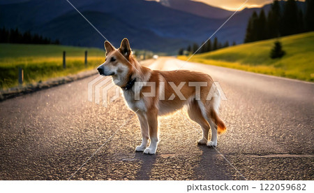 路邊的小狗在夕陽下曬太陽 122059682