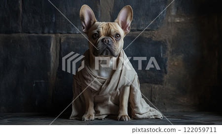 A charming French Bulldog sits quietly, wrapped in a cozy blanket. The gentle light highlights its curious expression against a dark stone backdrop, creating a peaceful and inviting atmosphere. 122059711