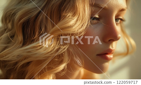 A woman with soft waves in her blonde hair gazes thoughtfully, illuminated by warm, natural light. A woman with soft waves in her blonde hair gazes thoughtfully, illuminated by warm, natural light. 122059717