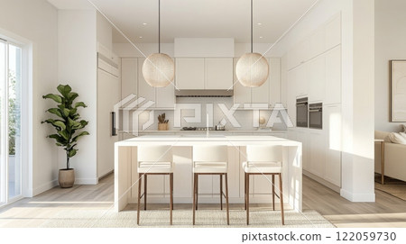 This spacious modern kitchen boasts a central island with bar seating, stylish cabinetry, and soft pendant lights, creating a warm, inviting space for cooking and gatherings. 122059730