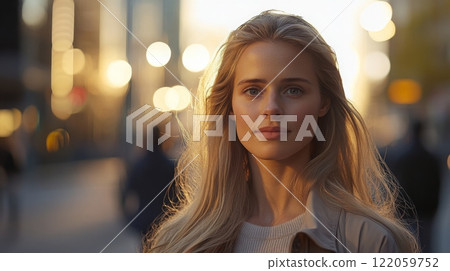 A young European woman with long blonde hair gazes thoughtfully while standing on a bustling urban street at sunset 122059752