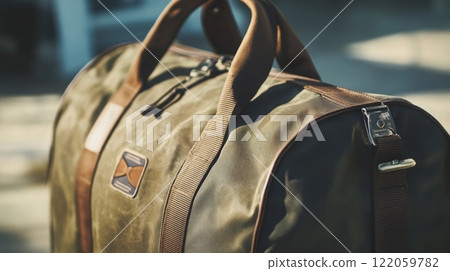 A fashionable duffel bag sits on a flat surface, showcasing its texture and design against a backdrop of soft natural light. The setting suggests potential adventures and travels ahead. 122059782