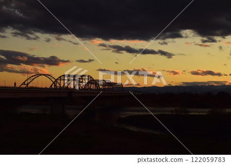 Gunma: A bridge over the Tone River in the evening Gunma: A bridge over the Tone River in the evening 122059783