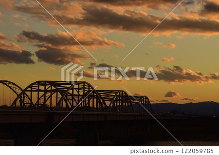 Gunma: A bridge over the Tone River in the evening Gunma: A bridge over the Tone River in the evening 122059785
