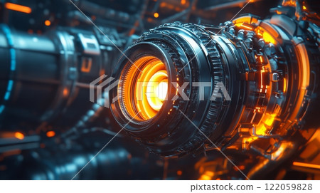 A detailed view of a mechanical lens featuring vibrant orange lights, located in a sophisticated futuristic setting filled with advanced technology and intricate machinery. 122059828