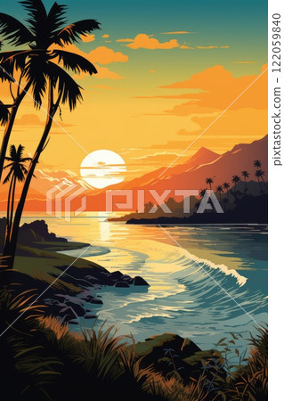 tropical seascape at sunset illustration 122059840