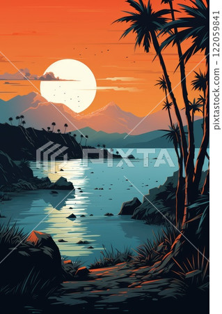 tropical seascape at sunset illustration 122059841
