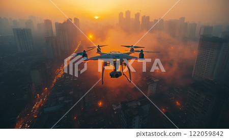A drone glides through the hazy sky above a bustling city during sunset, casting a unique perspective over the skyline and urban activity below. 122059842