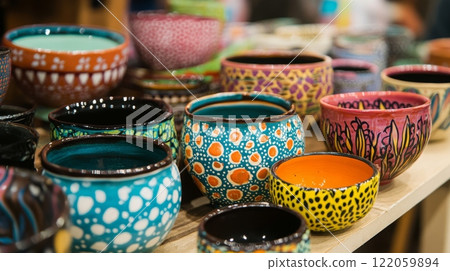 A variety of intricately designed pottery bowls in vibrant colors are showcased at a bustling market, capturing the attention of shoppers. 122059894