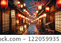 Traditional Japanese cherry blossoms and lanterns at night 122059935