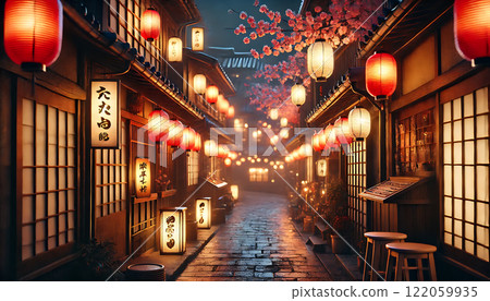 Traditional Japanese cherry blossoms and lanterns at night 122059935