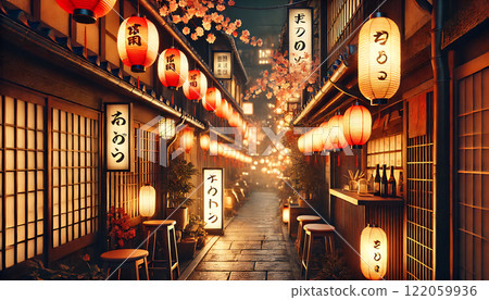 櫻花與燈籠的日本傳統夜景 櫻花與燈籠的日本傳統夜景 122059936
