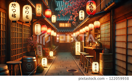 櫻花與燈籠的日本傳統夜景 櫻花與燈籠的日本傳統夜景 122059938