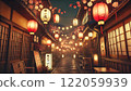 Traditional Japanese cherry blossoms and lanterns at night 122059939