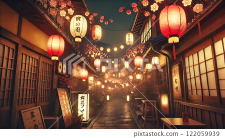 Traditional Japanese cherry blossoms and lanterns at night 122059939