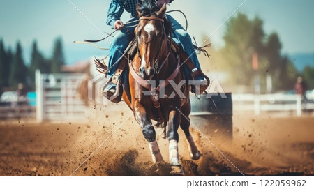 A cowboy competes in a barrel racing event, riding a strong horse kicking up dust in a lively arena, showcasing speed and skill under clear skies. 122059962