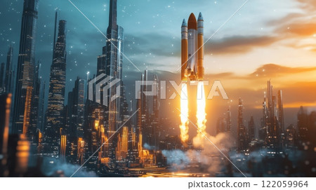 A futuristic city is lit up by the sunset as a rocket launches into the sky. The rocket leaves a trail of smoke as it ascends into the air. 122059964