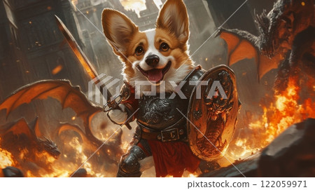 A determined corgi dressed in knight's armor brandishes a sword and shield while confronting dragons in a fiery medieval setting, embodying courage amid chaos and adventure. 122059971