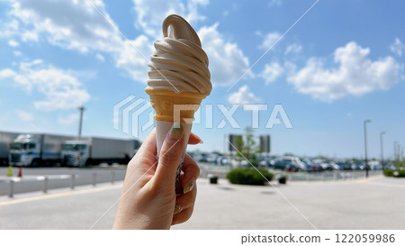 Holding a soft serve ice cream 122059986