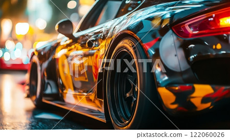A sleek sport car with striking graphics is parked on a bustling city street, illuminated by colorful lights at night. 122060026
