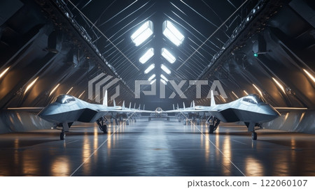 Several advanced military aircraft are neatly arranged in a large hangar, with bright overhead lights illuminating the space. The sleek design of the planes enhances the modern atmosphere. 122060107
