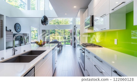 A modern kitchen with white cabinets, a stainless steel sink, and a green glass backsplash. The kitchen is well-lit with natural light from large windows. 122060128