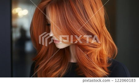 A woman with bright red hair displays a chic layered hairstyle, elegantly looking to the side in a contemporary indoor space, highlighting her dynamic hair movement and color. A woman with bright red hair displays a chic layered hairstyle, elegantly looking to the side in a contemporary indoor space, highlighting her dynamic hair movement and color. 122060183