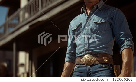 A cowboy stands confidently in a historic town, showcasing his denim attire and western belt while the sun shines brightly overhead. 122060205