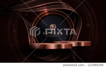 Composition with a podium and a round frame in copper and gold colors with wavy ribbons 122060206