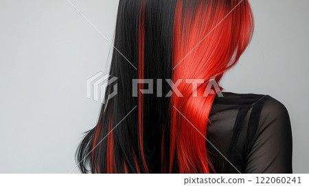 A young woman turns her head slightly, revealing vibrant black and red hair while posing against a plain backdrop. Her unique hairstyle displays bold color contrast, capturing attention effortlessly. 122060241
