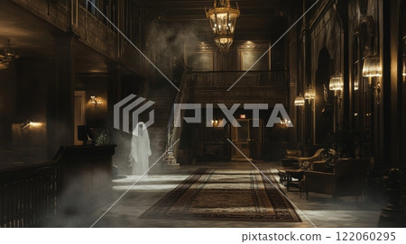 A ghostly figure appears in a dimly lit hotel hallway, surrounded by vintage decor and ornate chandeliers. The atmosphere is thick with fog, adding to the eerie and suspenseful ambiance of the scene. 122060295