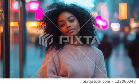 A young woman stands in a bustling urban area at dusk, illuminated by colorful lights 122060348