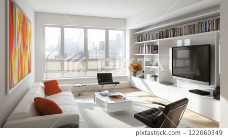 A modern living room with a white couch and two orange pillows, a coffee table, a black chair, and a large window overlooking a city 122060349