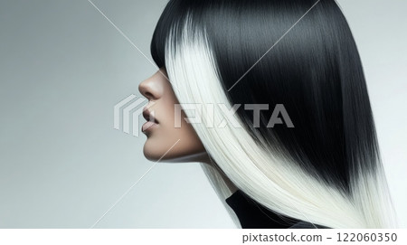 A model with striking black and white hair is elegantly posed, highlighting a dramatic hairstyle 122060350