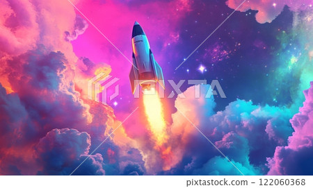 A rocket ascends through a swirling, colorful cloudscape, leaving a trail of bright orange flames behind. The background is filled with vibrant hues and twinkling stars, evoking a sense of adventure. A rocket ascends through a swirling, colorful cloudscape, leaving a trail of bright orange flames behind. The background is filled with vibrant hues and twinkling stars, evoking a sense of adventure. 122060368