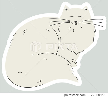Cute vector illustration of fluffy cat sticker. Persian white fur kitty character icon. Domestic kitty 122060456