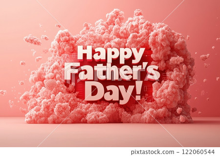 A cheerful display of the words Happy Fathers Day set against a soft pink background. Colorful puffs create a joyful atmosphere, perfect for celebrating this special occasion. 122060544