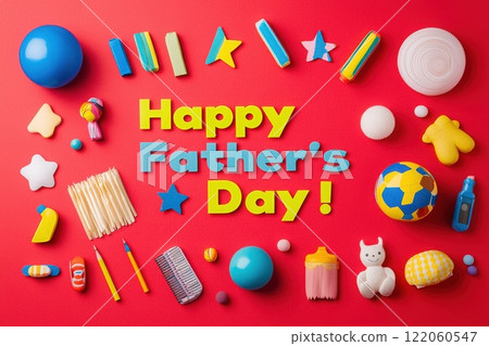 A vibrant display celebrating Fathers Day features colorful decorations, playful items, and fun shapes on a bright red backdrop. Perfect for creating a festive atmosphere for the occasion. 122060547