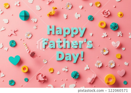 Colorful decorations are arranged on a pink background to celebrate Fathers Day, featuring playful shapes and cheerful designs. The joyful atmosphere is accentuated by various ornamental pieces. 122060571