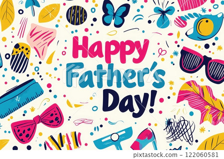 Vibrant patterns and playful illustrations come together to create an exciting backdrop for Fathers Day. The colorful design features various items symbolizing celebration and joy. 122060581