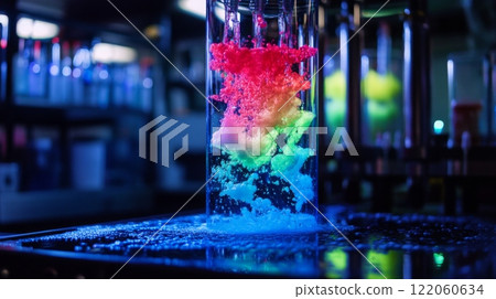 A laboratory showcases a colorful mixture of water, with bubbles creating vivid patterns in shades of red, green, and blue in a darkened environment, highlighting the experiment's dynamic nature. 122060634