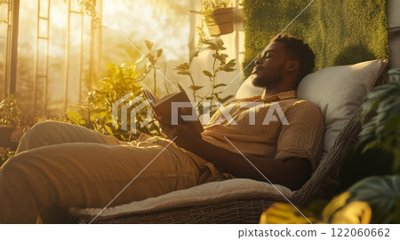 A young man is reclining in a comfortable chair surrounded by lush greenery, immersed in a book as the warm afternoon sunlight filters through the plants, creating a serene atmosphere. 122060662